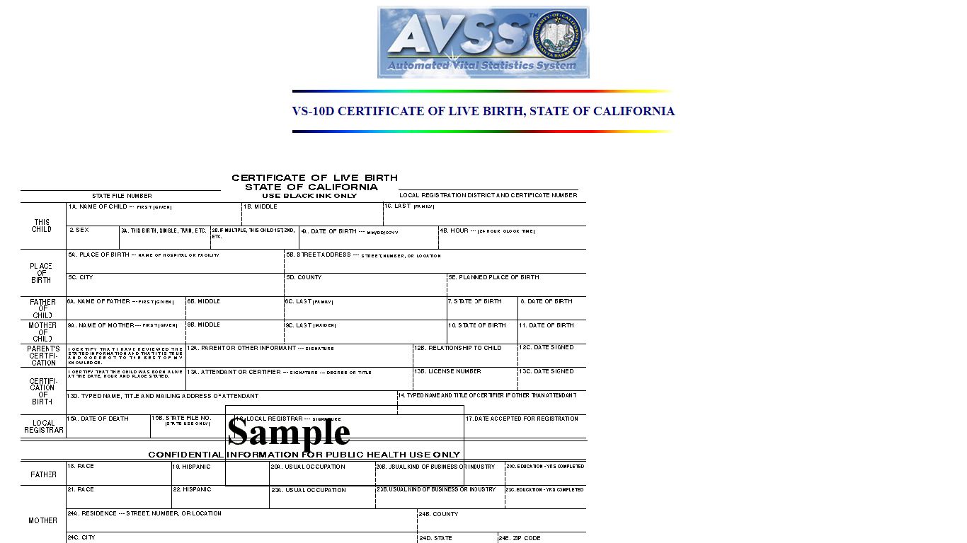 VS-10D CERTIFICATE OF LIVE BIRTH, STATE OF CALIFORNIA